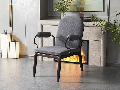 Gray Accent Chair With Wooden Frame And Armrests In Living Room Featuring Fireplace Flames 3d model
