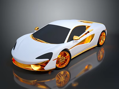 White And Gold Sports Car With Shiny Golden Wheels And Reflective Surface 3d model