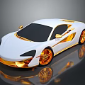 White And Gold Sports Car With Shiny Golden Wheels And Reflective Surface
