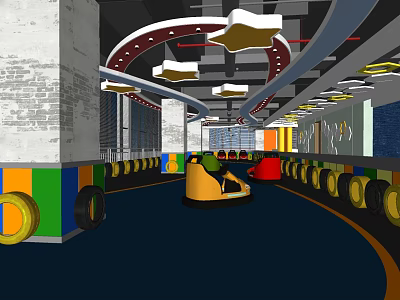 Indoor Bumper Car Arena With Colorful Walls Tire Decorations And Curved Ceiling 3d model