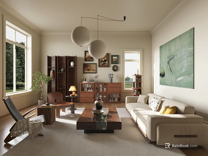 Elegant Living Room Interior With Large Windows Pendant Lights Wall Painting And Sofa 3d model 