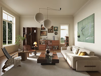 Elegant Living Room Interior With Large Windows Pendant Lights Wall Painting And Sofa 3d model