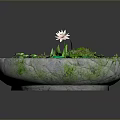 Natural Decorative Stone Basin With Green Lotus Leaves Pink Lotus Flower Stones And Green Plants
