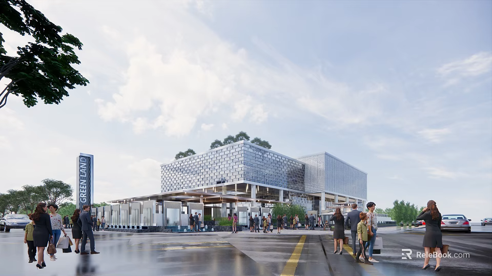 Modern Sales Office Building Design With Glass Curtain Wall Pedestrians And Greenery 3d model 
