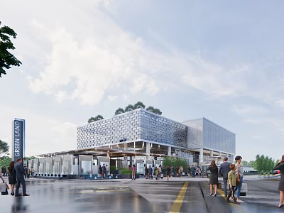Modern Sales Office Building Design With Glass Curtain Wall Pedestrians And Greenery 3d model