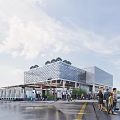 Modern Sales Office Building Design With Glass Curtain Wall Pedestrians And Greenery