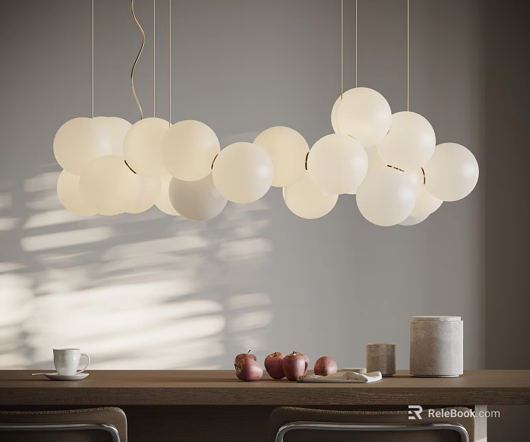 Multiple White Spherical Modern Minimalist Chandelier Above Dining Table With Soft Lighting 3d model 