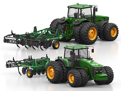Green Agricultural Tractors With Large Tires And Cultivator Attachments For Field Farming 3d model