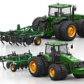 Green Agricultural Tractors With Large Tires And Cultivator Attachments For Field Farming