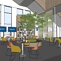 Modern Lounge Area Open Space with Natural Light Colorful Chairs Large Screens and Green Plant
