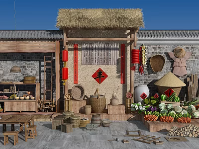 Traditional Chinese Rural Scene With Thatched Roof Red Couplets Fu Character Farm Tools And Vegetables 3d model