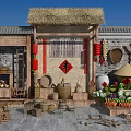 Traditional Chinese Rural Scene With Thatched Roof Red Couplets Fu Character Farm Tools And Vegetables
