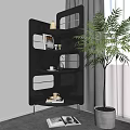Black Modern Multi-tiered Shelving Unit With Books Cups And Green Plant In Interior Space