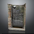 Vintage Wooden Door With Red Brick Walls Damaged Frame Wood Grain And Metal Strips
