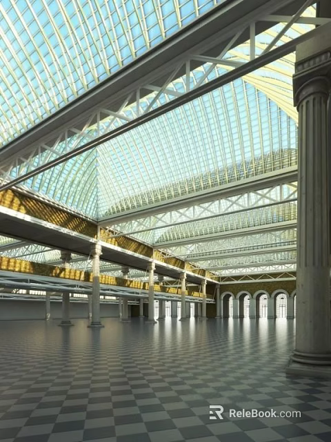 Spacious Hotel Lobby Interior Featuring Glass Ceiling High Ceiling And Architectural Design 3d model 