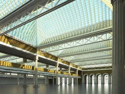 Spacious Hotel Lobby Interior Featuring Glass Ceiling High Ceiling And Architectural Design 3d model