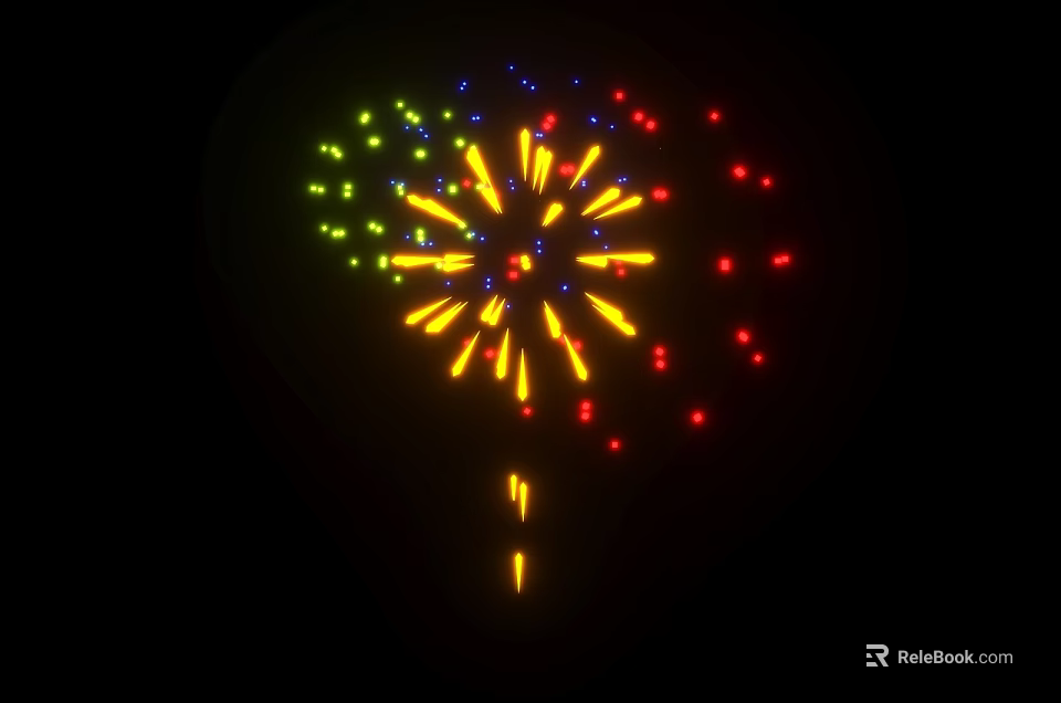 Colorful Fireworks Bursting In Night Sky With Vibrant Yellow Red Green Lights 3d model 