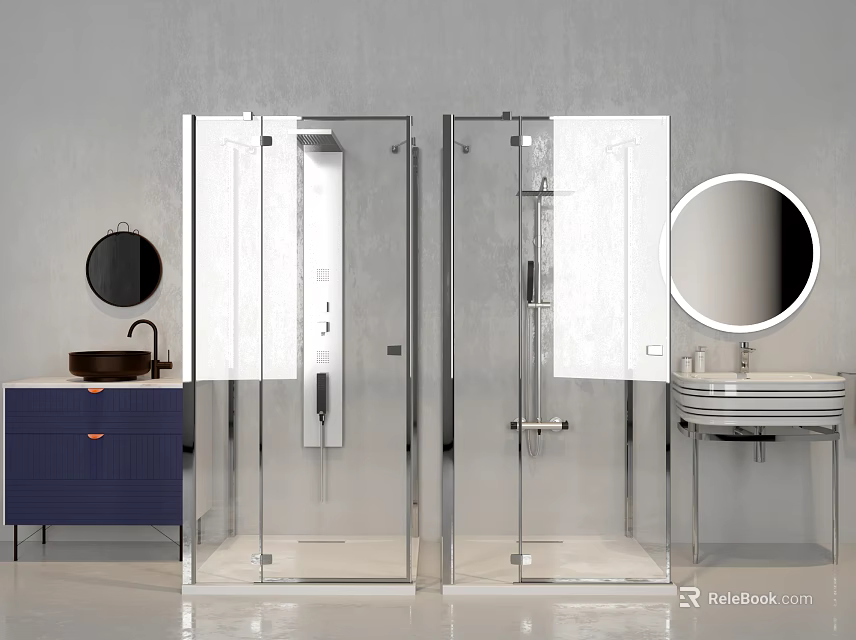 Modern Shower Sauna Bathroom With Glass Enclosures Vanity And Round Mirror 3d model 