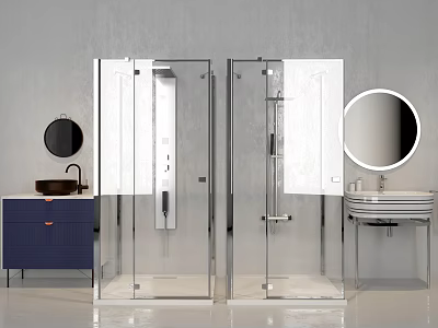 Modern Shower Sauna Bathroom With Glass Enclosures Vanity And Round Mirror 3d model