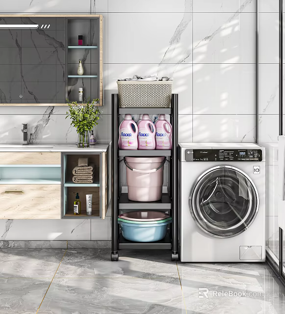 Modern Bathroom Washbasin Vanity With Washing Machine Dove Detergent Storage Basket And Green Plant 3d model 