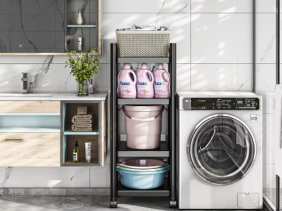 Modern Bathroom Washbasin Vanity With Washing Machine Dove Detergent Storage Basket And Green Plant 3d model