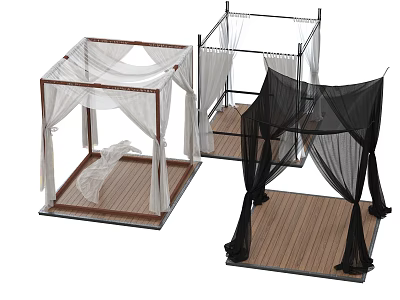 Outdoor Gazebos With White Black Canopies Wooden Floors And Metal Frames 3d model
