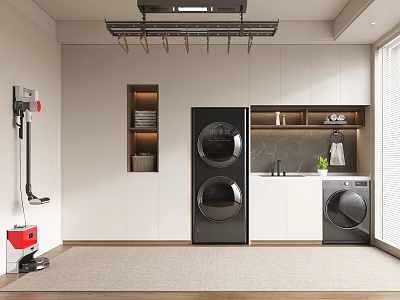 Modern Laundry Room With Washer Dryer Cabinets And Hanging Rack Storage 3d model