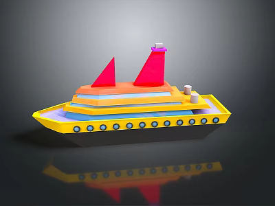 Vibrant Water Vessel With Yellow Hull Orange Deck Red Sails White Chimneys And Blue Windows 3d model
