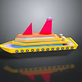 Vibrant Water Vessel With Yellow Hull Orange Deck Red Sails White Chimneys And Blue Windows