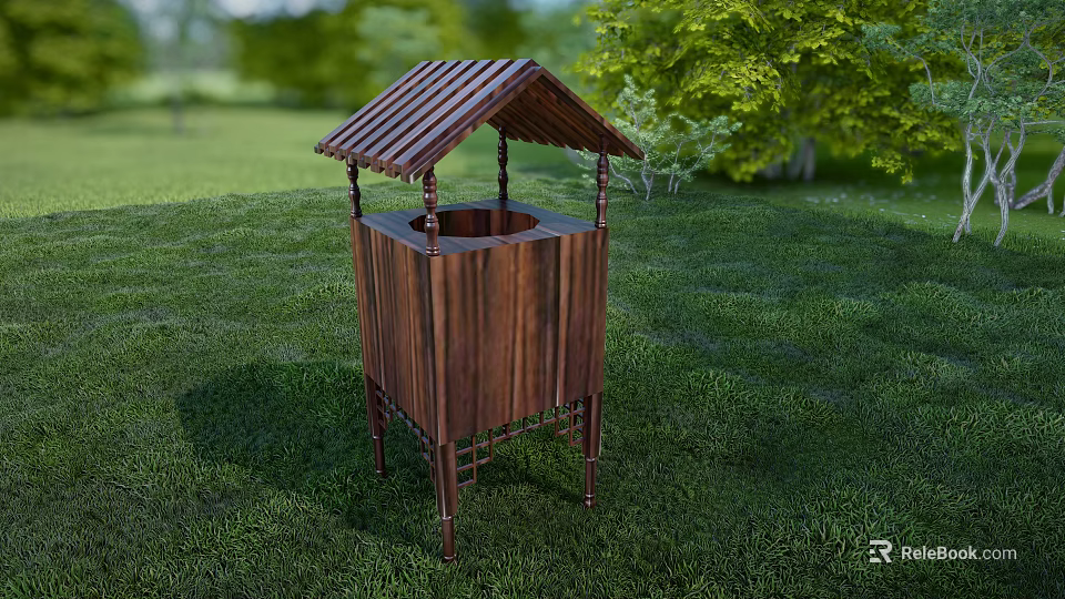 Public Wooden Trash Bin Facility In Outdoor Grass Area With Green Trees 3d model 