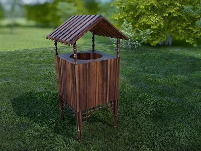 Public Wooden Trash Bin Facility In Outdoor Grass Area With Green Trees 3d model