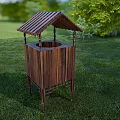 Public Wooden Trash Bin Facility In Outdoor Grass Area With Green Trees