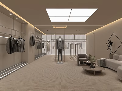 Modern Clothing Store Interior With Mannequin Displayed Clothes Sofa And Racks 3d model