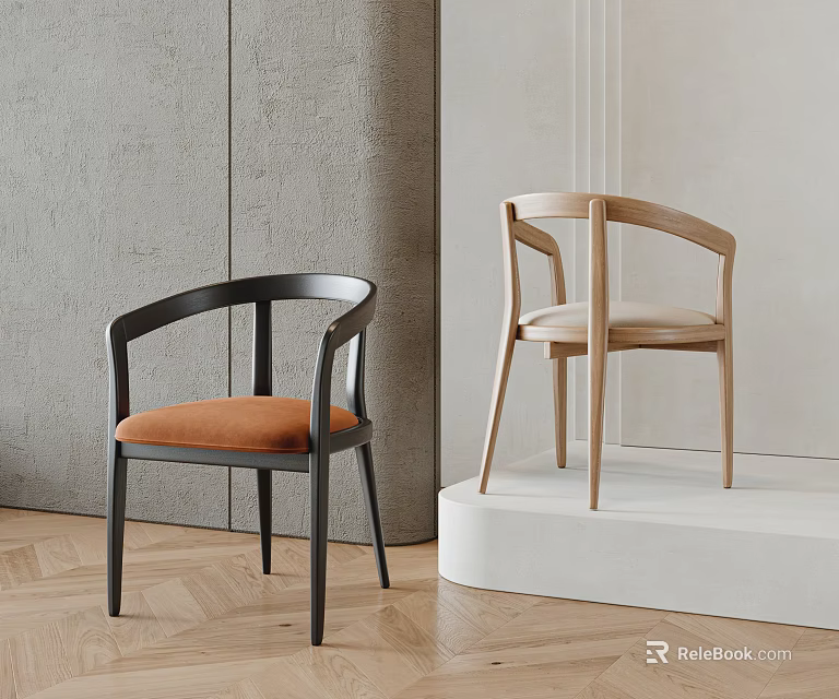 Black Chair With Orange Cushion And Light Wood Chair By Gray Wall On Wooden Floor 3d model 
