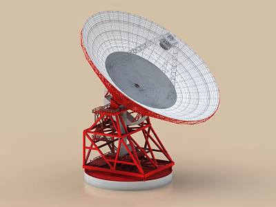 Industrial Equipment Large Satellite Dish with Red Metal Support Structure and Mesh Reflector Surface 3d model
