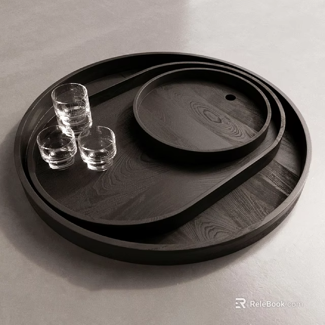 Artistic Wooden Sculpture Carving Circular Stacked Trays With Glass Cups 3d model 