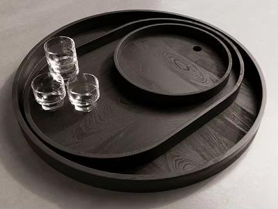 Artistic Wooden Sculpture Carving Circular Stacked Trays With Glass Cups 3d model