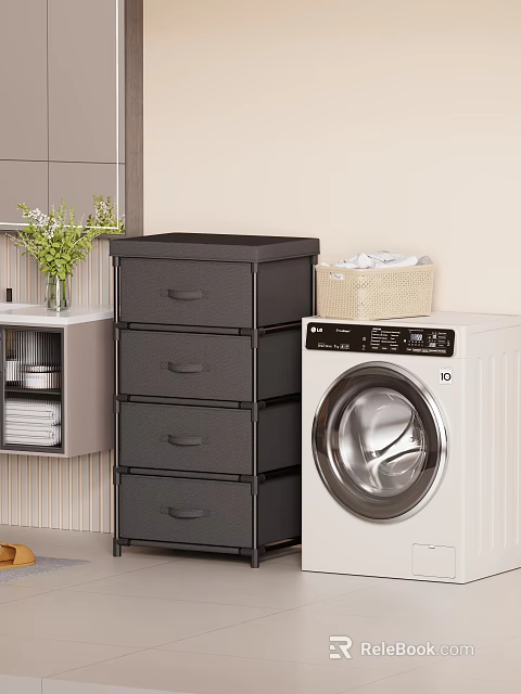 Contemporary Bathroom Interior Featuring Washing Machine Multi Layer Drawer Cabinet Sink Towels And Vase Plants 3d model 