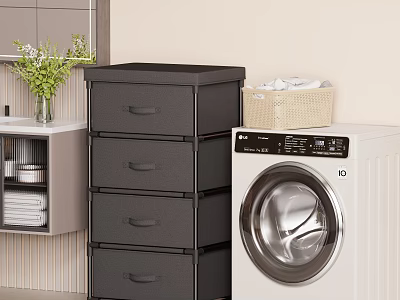 Contemporary Bathroom Interior Featuring Washing Machine Multi Layer Drawer Cabinet Sink Towels And Vase Plants 3d model