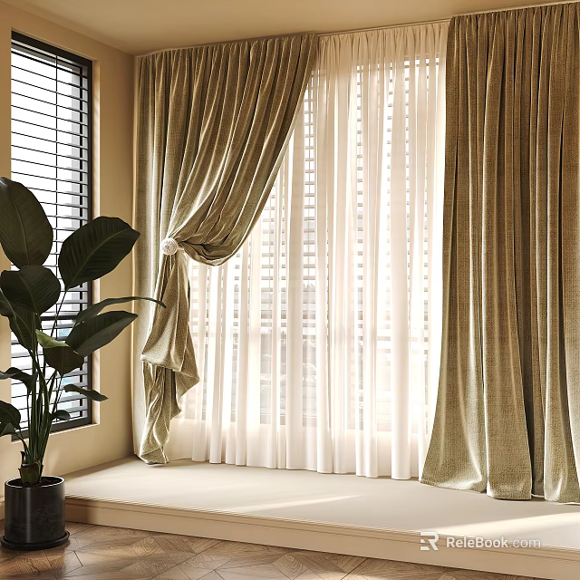 Luxurious Golden Velvet Curtains With Sheer Layers For Bright Window Interior And Natural Light 3d model 