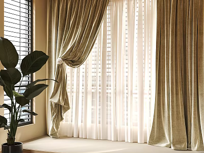 Luxurious Golden Velvet Curtains With Sheer Layers For Bright Window Interior And Natural Light 3d model