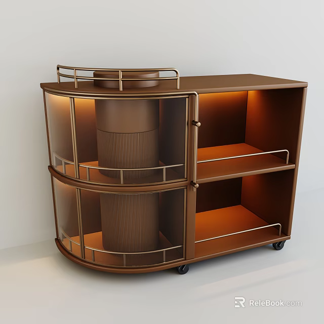 Modern Brown Side Table With Metal Frame Glass Doors Shelves And Wheels 3d model 