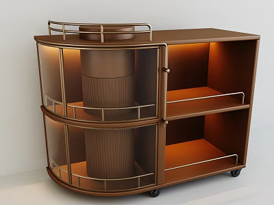 Modern Brown Side Table With Metal Frame Glass Doors Shelves And Wheels 3d model