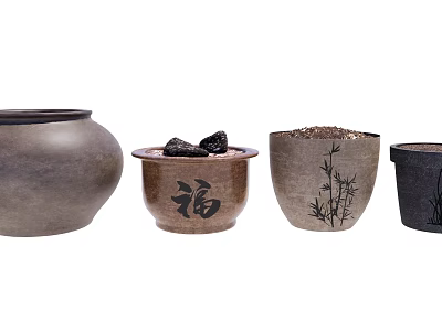 New Chinese Style Pottery Pot Flower Pot Gardening Sits Chinese Style Garden Flower Pot Retro Old Potted Flower Pot Garden Clay Utensil 3d model