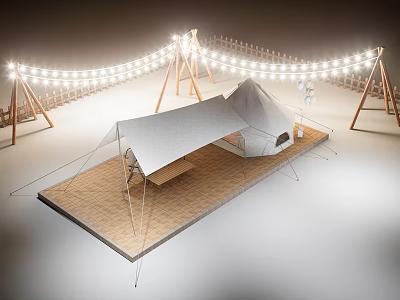 Cozy Garden Landscape With Canvas Tent Hammock String Lights And Wooden Frames 3d model