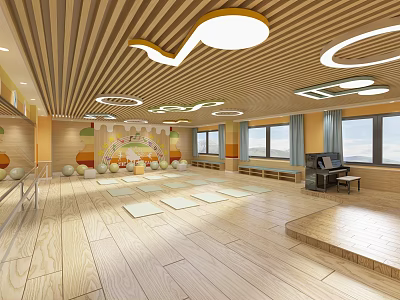 Spacious Indoor Fitness Activity Space With Exercise Mats Wooden Flooring Natural Light And Colorful Murals 3d model