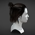 Woman 3D Head Model With Dark Braided Bun Hair Side Profile View