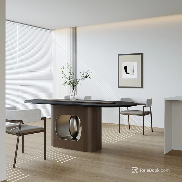 Modern Dining Table Set With Black Tabletop Gray Chairs Vase Green Plants And Wall Art 3d model 