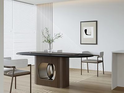 Modern Dining Table Set With Black Tabletop Gray Chairs Vase Green Plants And Wall Art 3d model