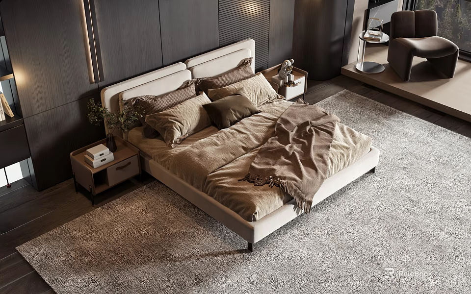 Modern Double Bed With Beige Headboard Brown Blanket Pillows And Nightstands 3d model 
